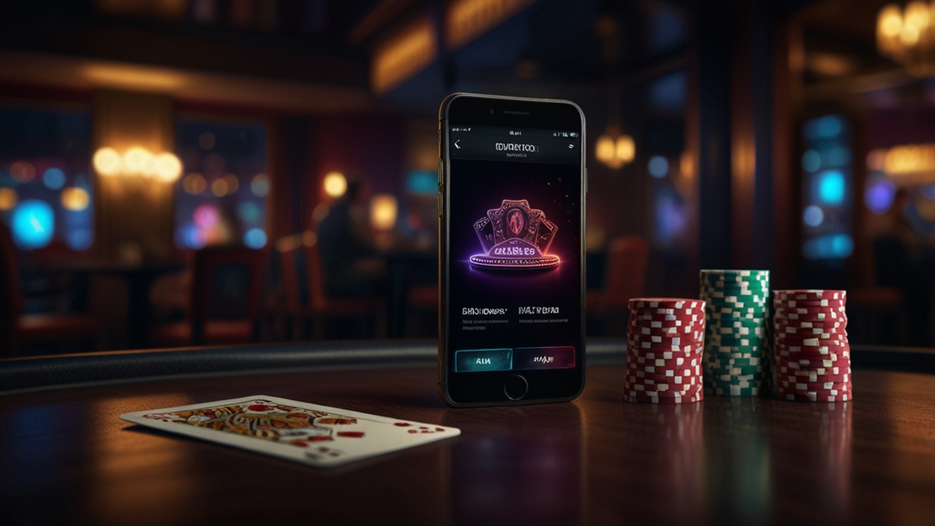 Smartphone mit Download-Anzeige in dunkler Casino-Atmosphäre