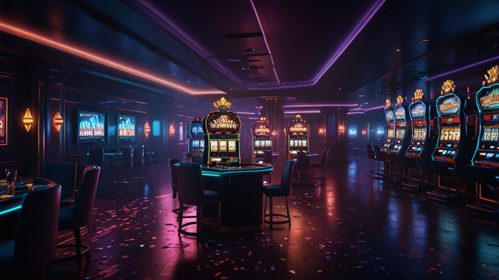 No-Deposit-Codes und Freispiele schweben über einem neonbeleuchteten Spielautomaten